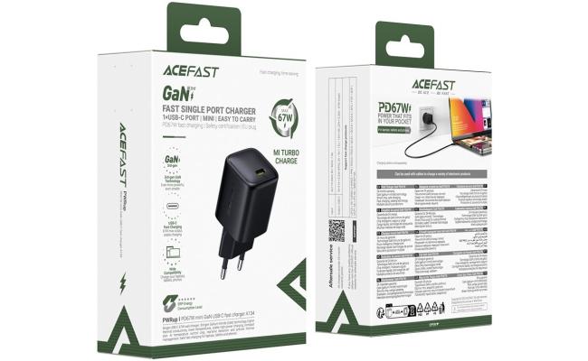 ACEFAST A134 PD 67W Mini GaN USB-C Fast Charger Portable Power Adapter for Phones / Tablets / Laptops, EU Plug - Black